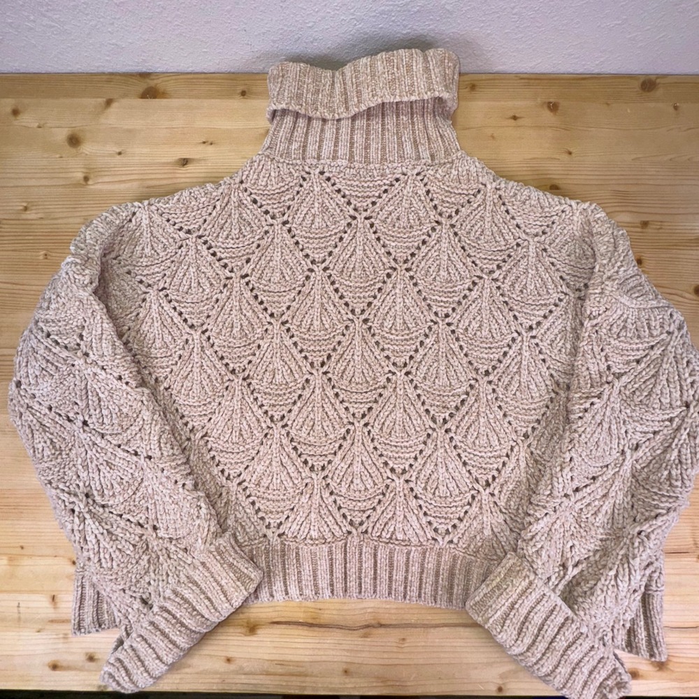 Boho Chenille Knit Turtleneck Sweater POL Beige Textured Cozy Pullover‎ L